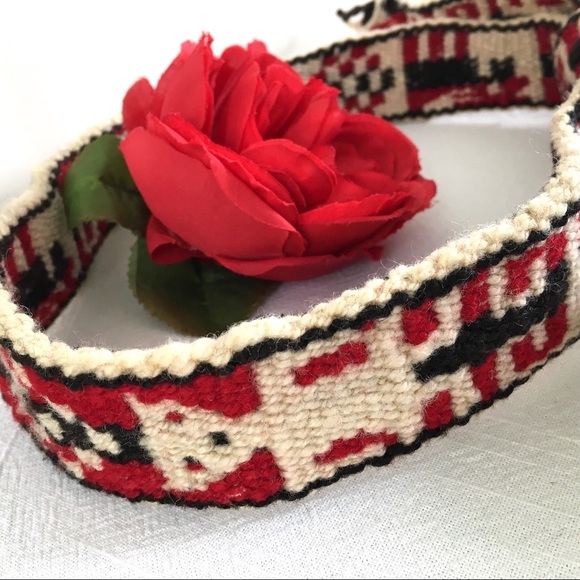 Vintage Wool Belt Handwoven Red & Black Tie Belt - Picture 6 of 8